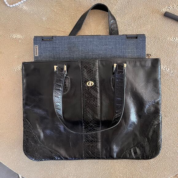CARLO FIORI Black Leather Snake Skin Tote Purse Computer Career Work Attaché - Picture 6 of 11